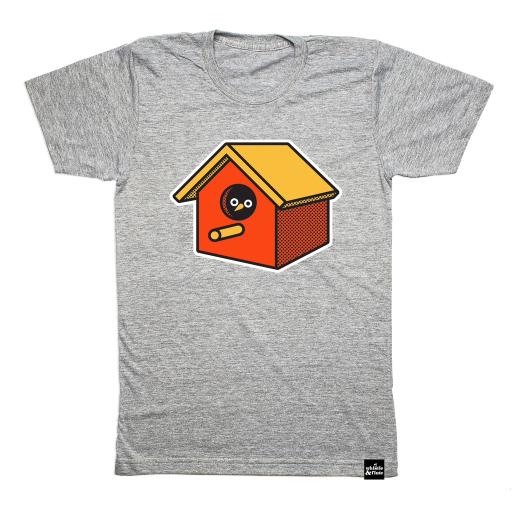 Orange and Yellow birdhouse with peek-a-boo bird eyes and beak screen printed on organic athletic grey t-shirts. Gender-free and available in kids and adult sizes. Designed in Poland