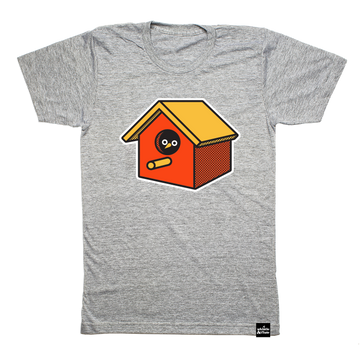 Orange and Yellow birdhouse with peek-a-boo bird eyes and beak screen printed on organic athletic grey t-shirts. Gender-free and available in kids and adult sizes. Designed in Poland