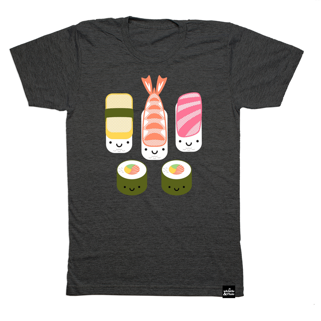 Kawaii Sushi design is printed in colour on organic charcoal heather grey t-shirt. Gender Neutral and available in kids and adult sizes. Designed in the Pacific Northwest of BC, Canada.