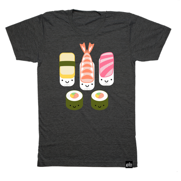 Kawaii Sushi design is printed in colour on organic charcoal heather grey t-shirt. Gender Neutral and available in kids and adult sizes. Designed in the Pacific Northwest of BC, Canada.