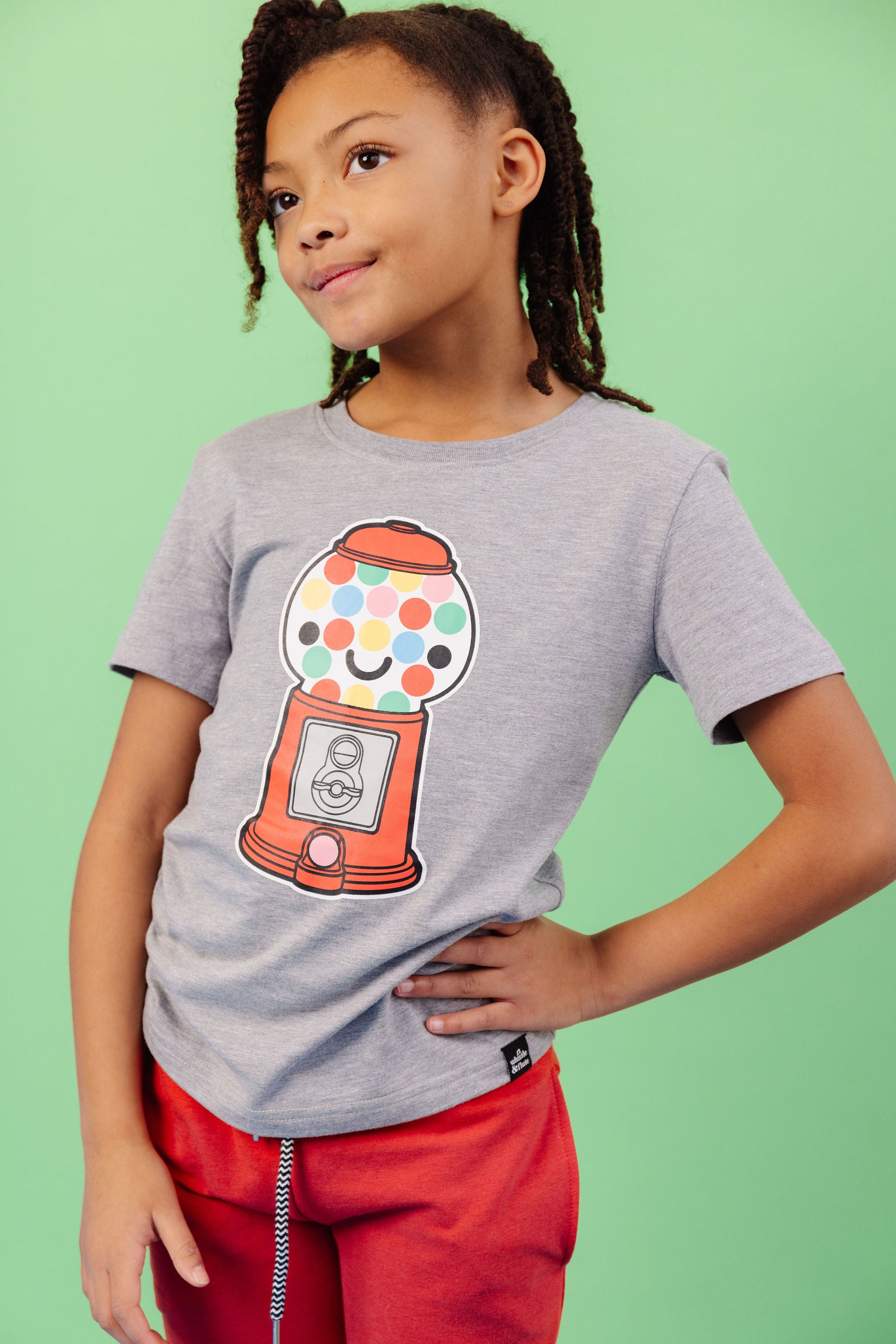 Gender Neutral Kawaii Gumball Machine design screen printed in full colour on an organic athletic grey t-shirt. Designed in Canada. Ethically Made