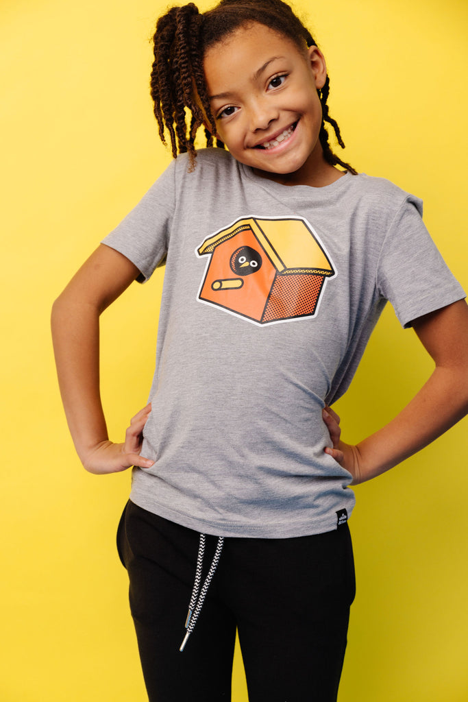 Orange and Yellow birdhouse with peek-a-boo bird eyes and beak screen printed on organic athletic grey t-shirts. Paired with drawstring joggers in black. Gender-free and available in kids and adult sizes. Designed in Poland