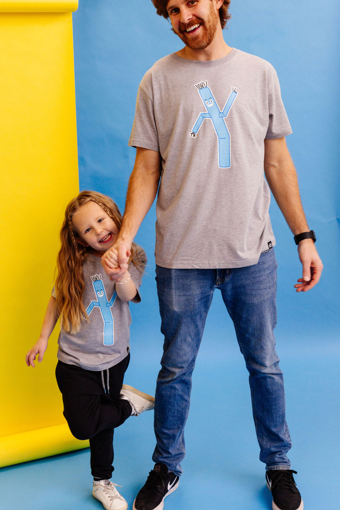 Hilarious Blue Tube Guy design screen printed on organic athletic grey t-shirts. Paired with BEST bamboo joggers in black. Gender Neutral and available in kids and adult sizes. Designed in Poland