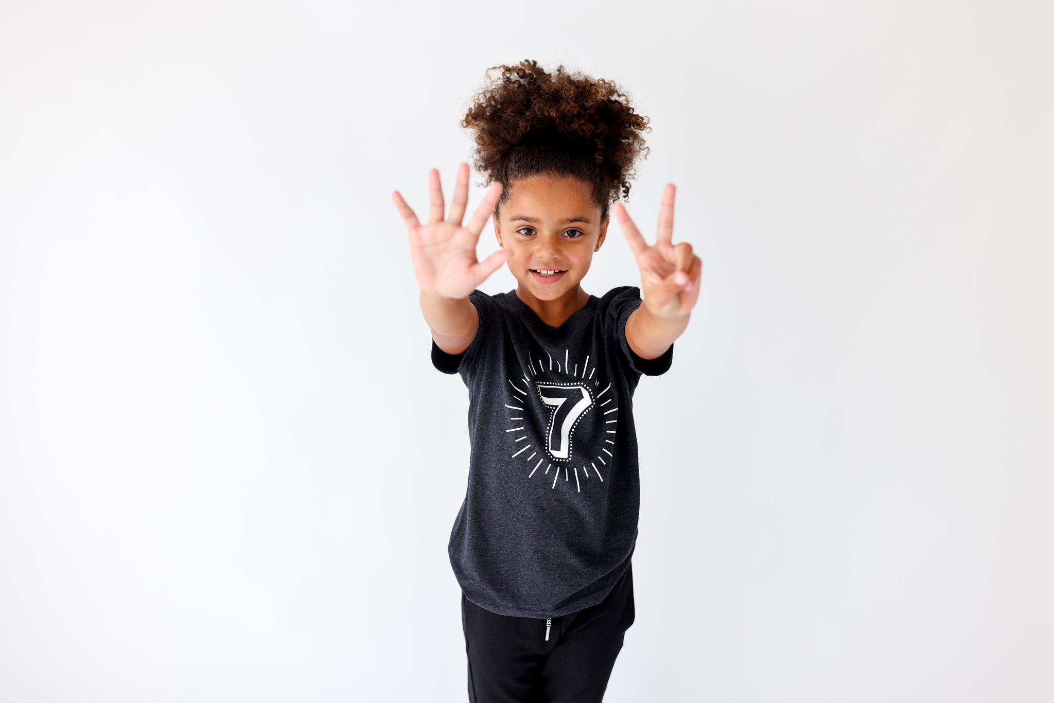 Milestone 7 t-shirt screen printed in white on an organic charcoal heather grey t-shirt. Gender-free.