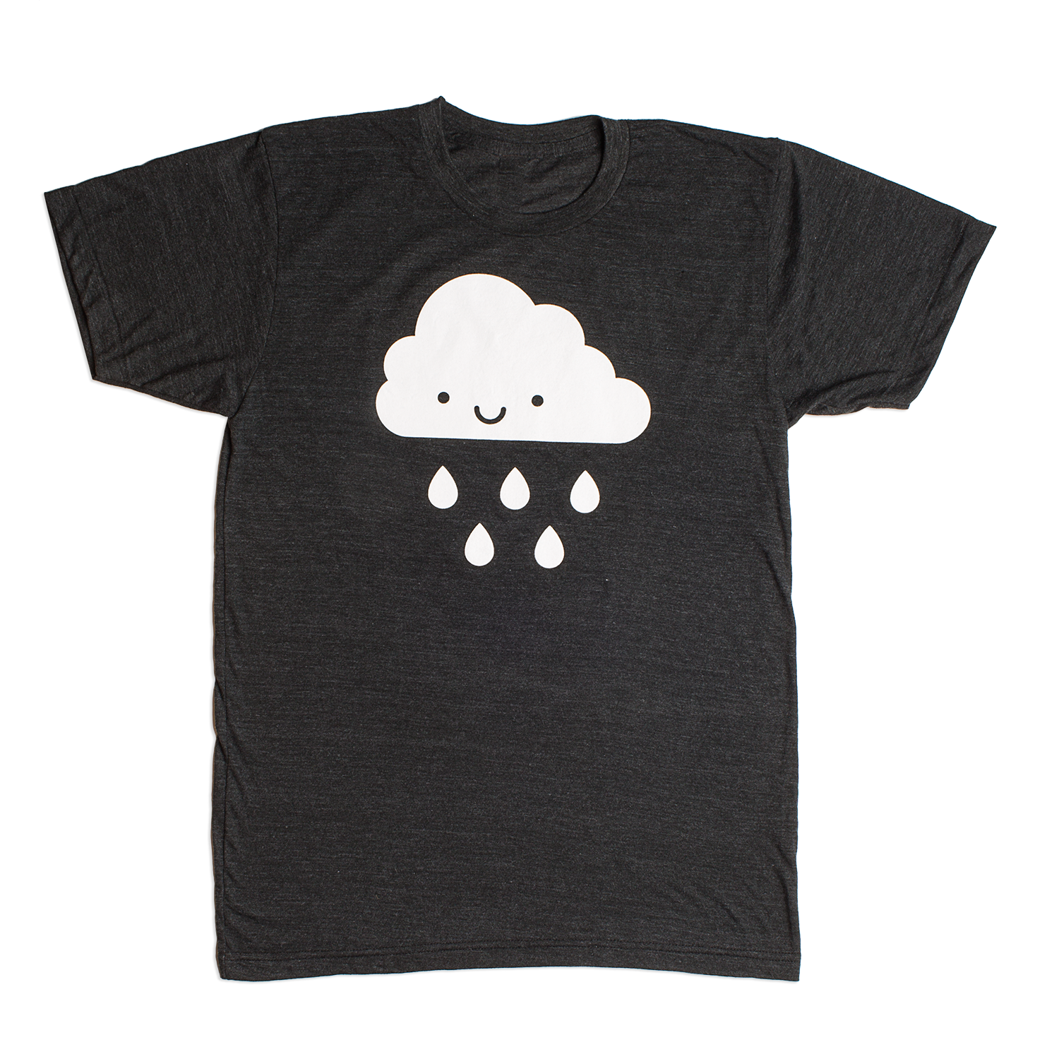 White Kawaii Raincloud design screen printed on an organic charcoal heather grey t-shirt. Available in kids and adult sizes. Gender Neutral and ethically made. Designed in Canada.