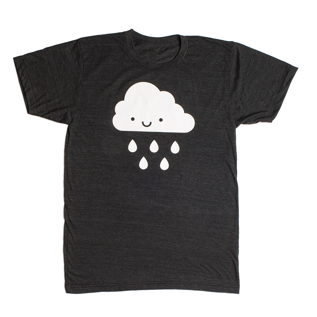 White Kawaii Raincloud design screen printed on an organic charcoal heather grey t-shirt. Available in kids and adult sizes. Gender Neutral and ethically made. Designed in Canada.