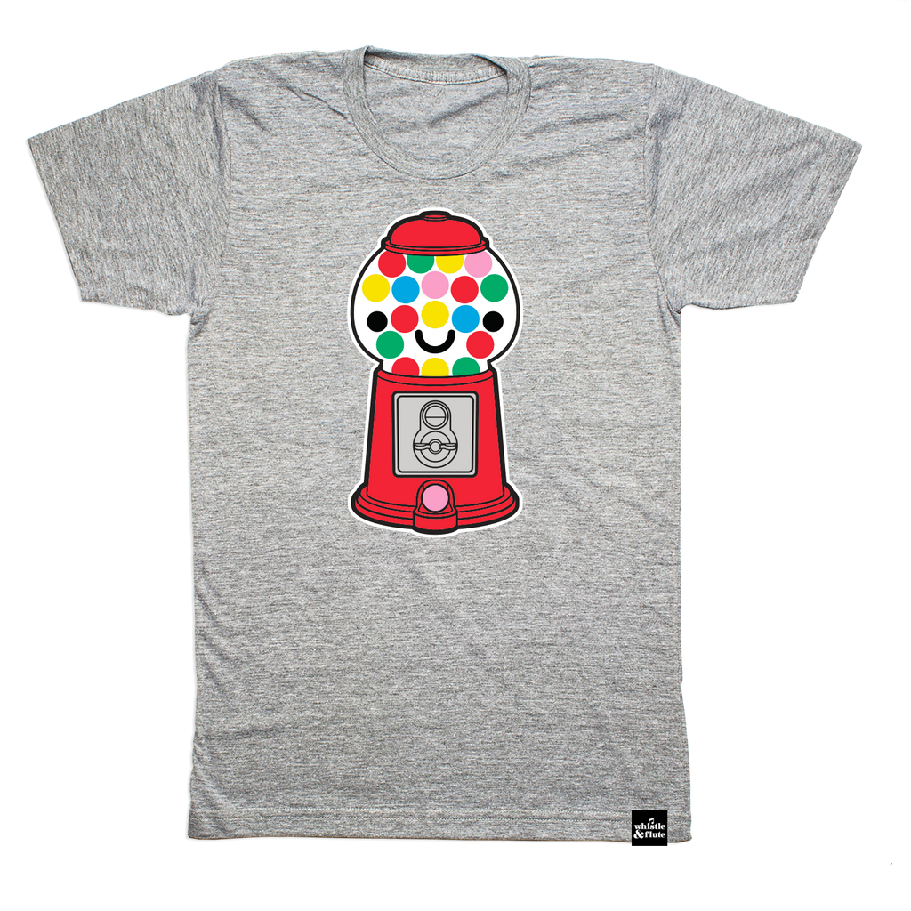 Gender Neutral Kawaii Gumball Machine design screen printed in full colour on an organic athletic grey t-shirt. Designed in Poland. Ethically Made