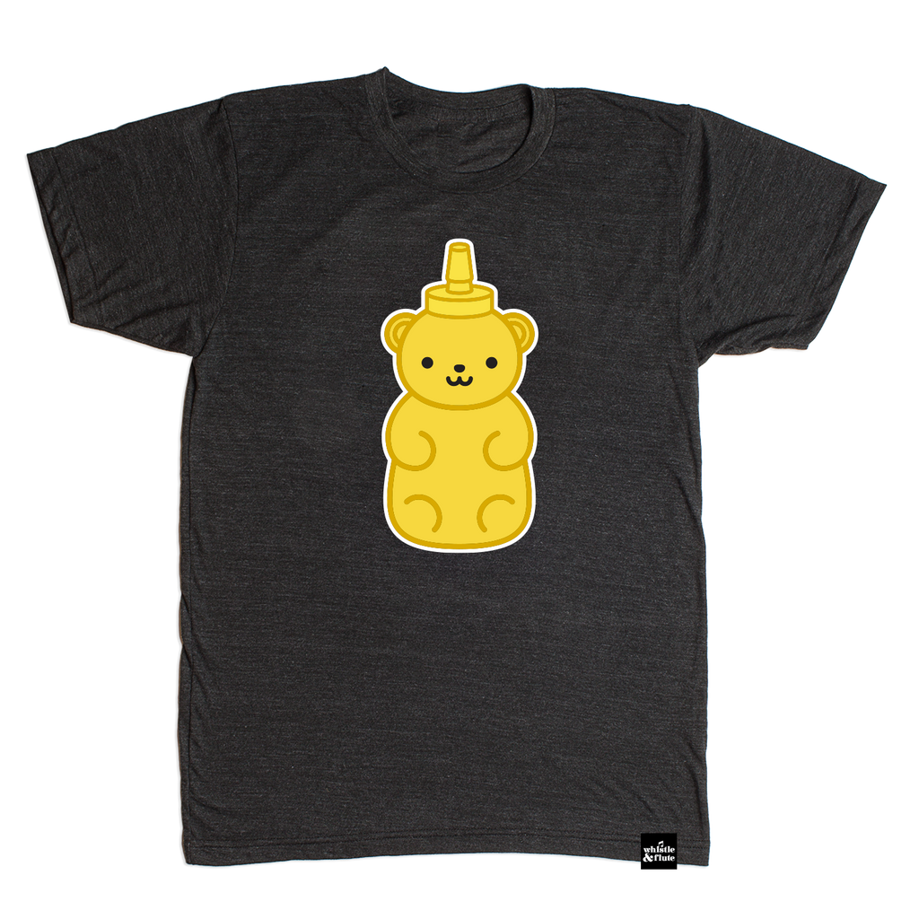 Gender Neutral Kawaii Honeybear design screen printed in full colour on an organic charcoal heather grey t-shirt. Paired with best bamboo joggers in red. Available in kids and adult sizes. Designed in Poland. Ethically Made