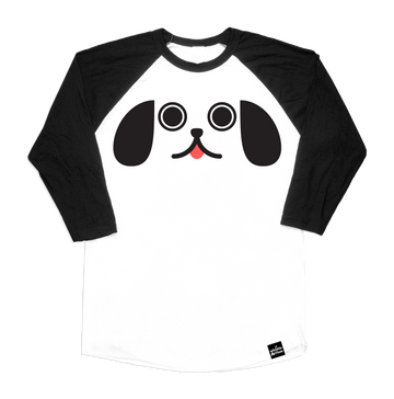 Kawaii Puppy Dog Eyes face printed in black with pink tongue on 100% organic cotton two-tone black and white baseball t-shirt. Gender Neutral and available in kids and adult sizes. Designed in Poland.