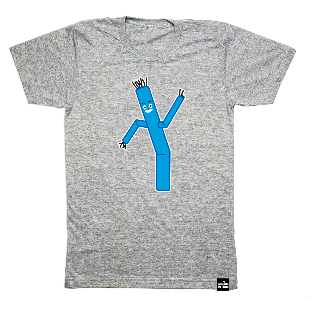 Hilarious Blue Tube Guy design screen printed on organic athletic grey t-shirts. Gender Neutral and available in kids and adult sizes. Designed in Poland