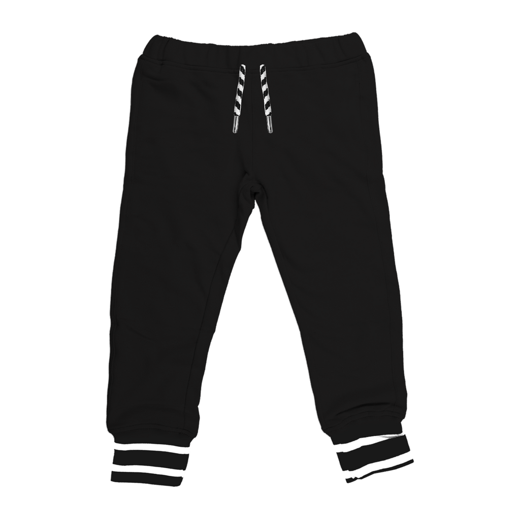 BEST bamboo joggers in black combine the popular features of our two classic jogger styles. Elastic waistband with drawstring, pockets and black and white stripped cuffs. Gender Neutral and designed in Poland.