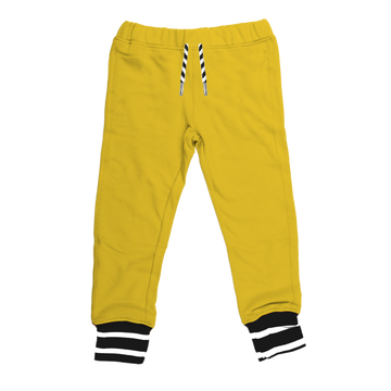 BEST bamboo joggers in mustard combine the popular features of our two classic jogger styles. Elastic waistband with drawstring, pockets and black and white stripped cuffs. Gender Neutral and designed in Poland.
