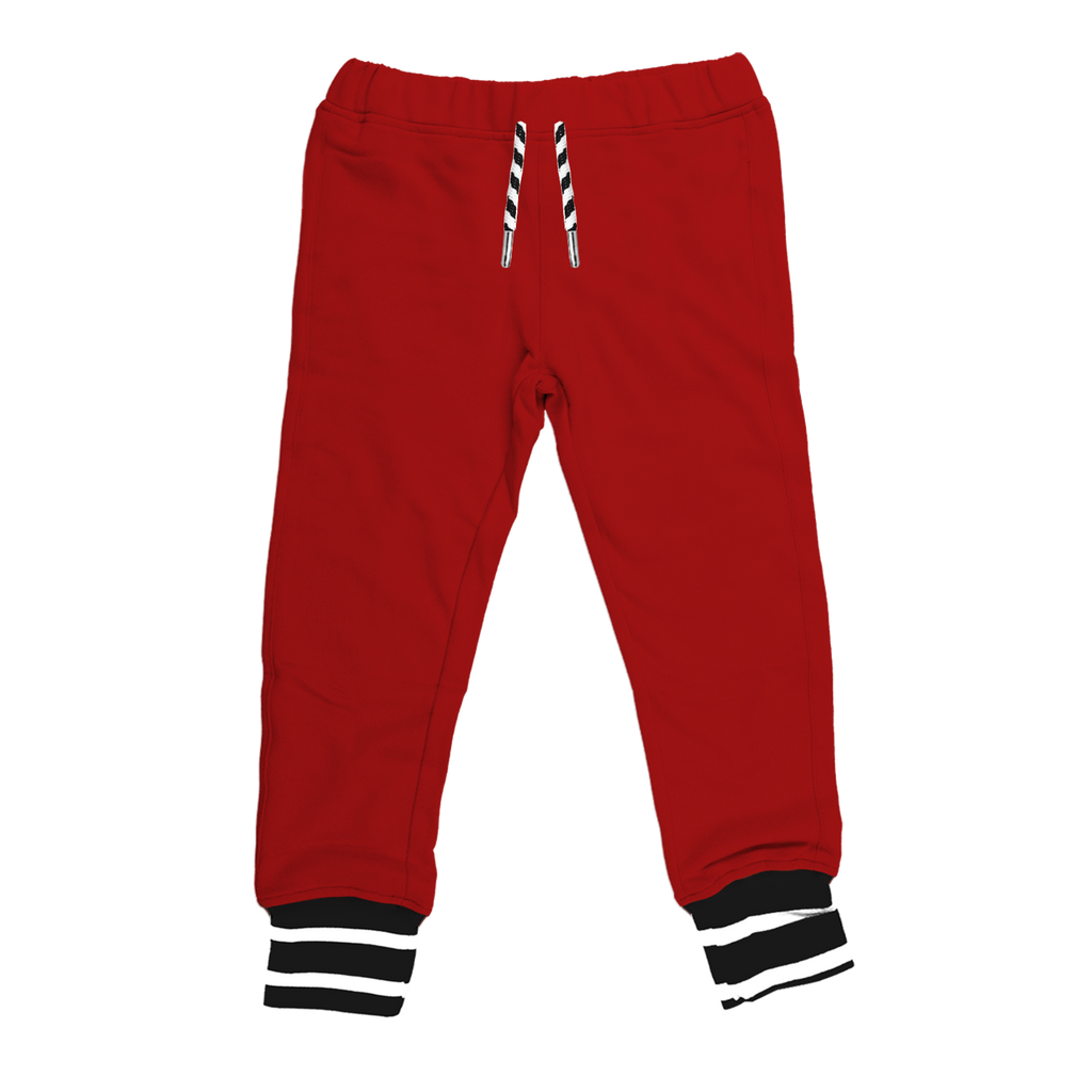 BEST bamboo joggers in red combine the popular features of our two classic jogger styles. Elastic waistband with drawstring, pockets and black and white stripped cuffs. Gender Neutral and designed in Canada.