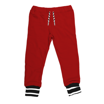 BEST bamboo joggers in red combine the popular features of our two classic jogger styles. Elastic waistband with drawstring, pockets and black and white stripped cuffs. Gender Neutral and designed in Poland.