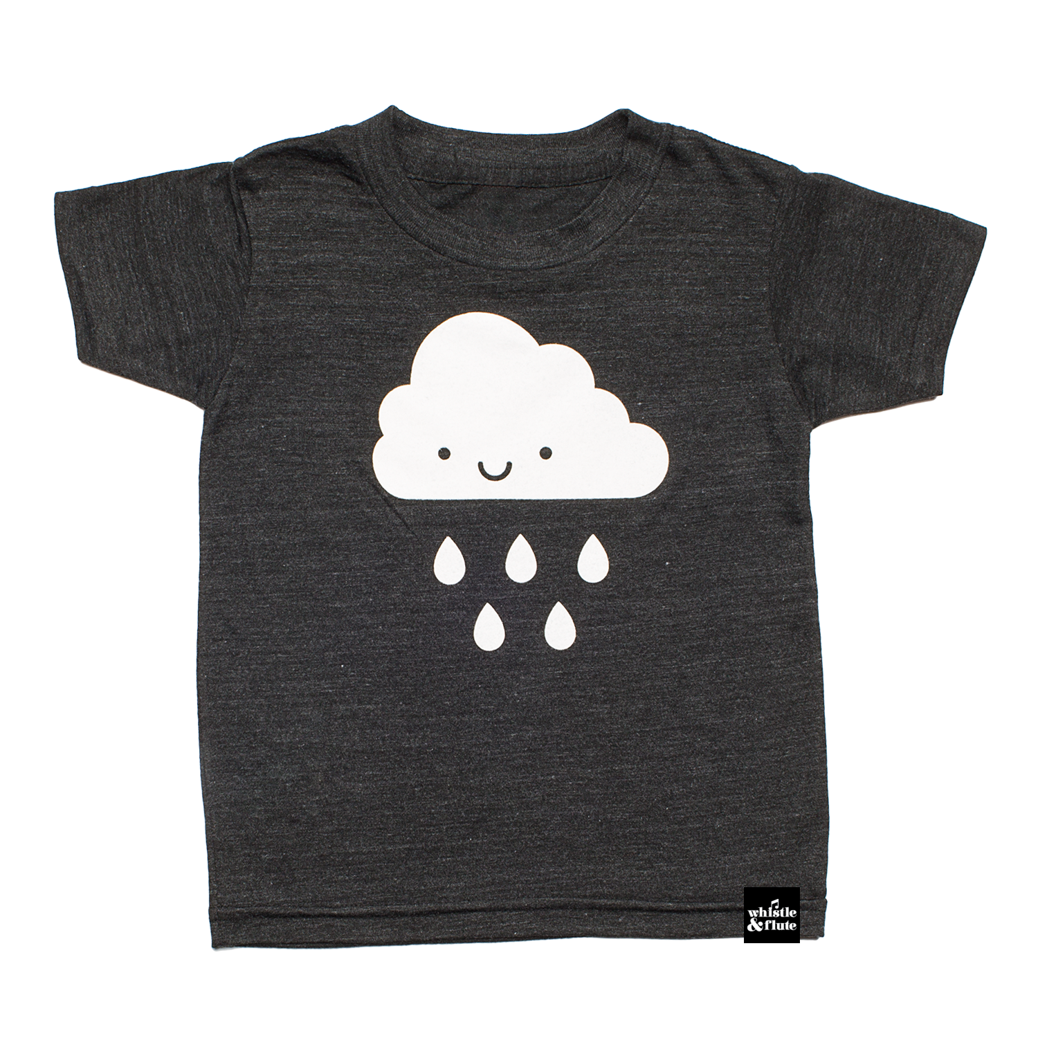 White Kawaii Raincloud design screen printed on an organic charcoal heather grey t-shirt. Available in kids and adult sizes. Gender Neutral and ethically made. Designed in Canada.
