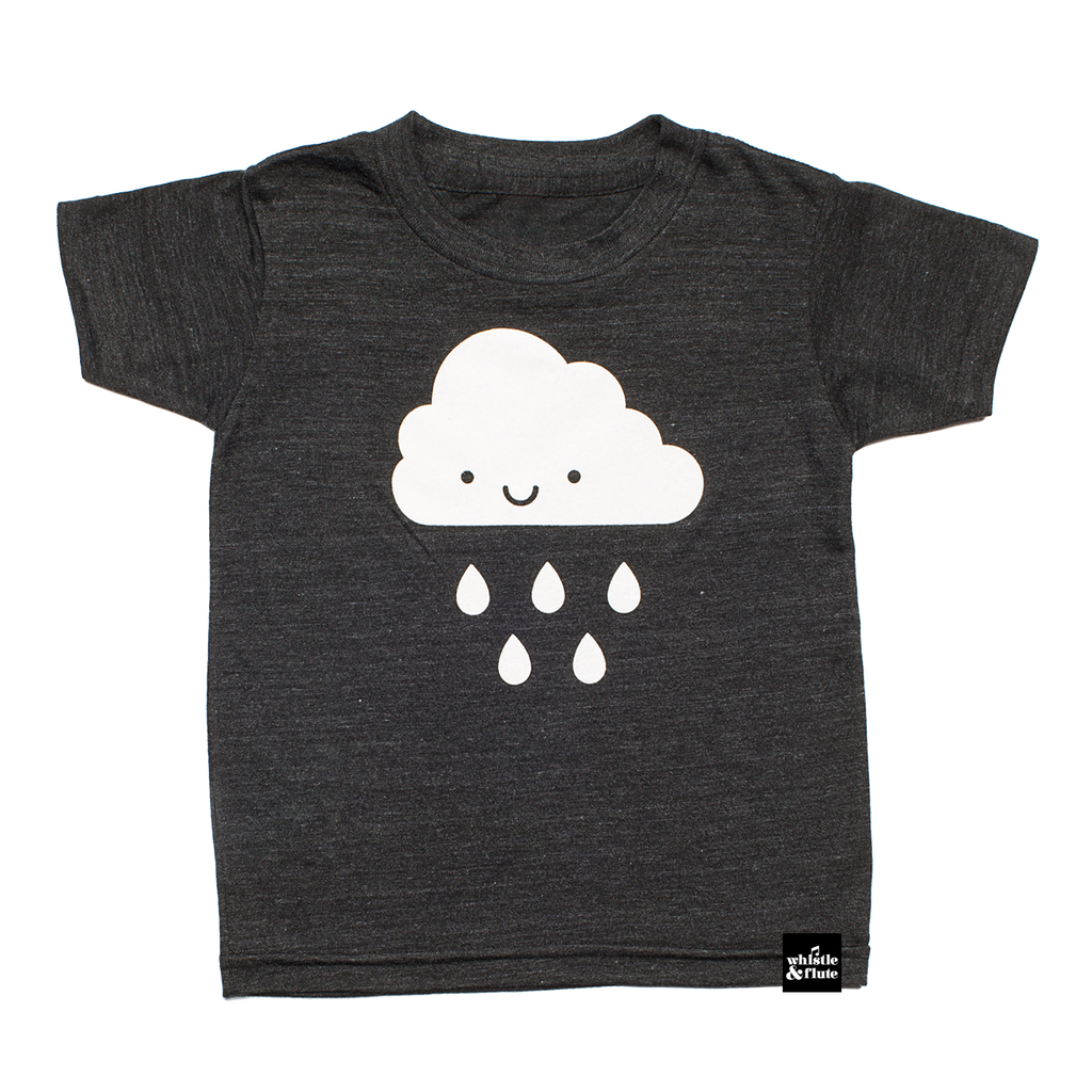 White Kawaii Raincloud design screen printed on an organic charcoal heather grey t-shirt. Available in kids and adult sizes. Gender Neutral and ethically made. Designed in Poland.