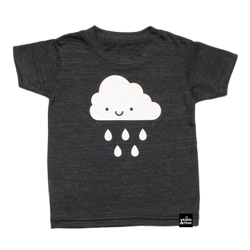 White Kawaii Raincloud design screen printed on an organic charcoal heather grey t-shirt. Available in kids and adult sizes. Gender Neutral and ethically made. Designed in Poland.