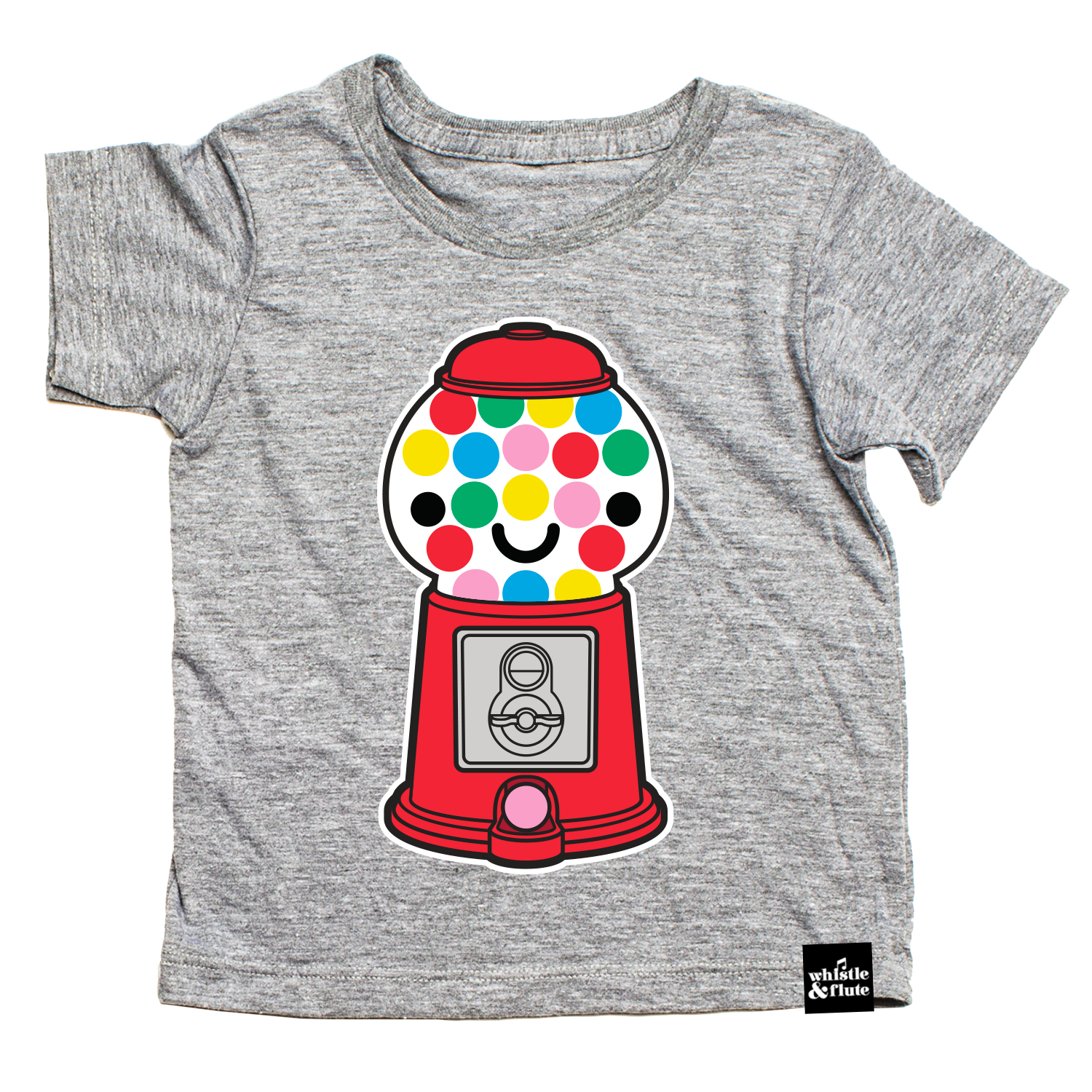 Gender Neutral Kawaii Gumball Machine design screen printed in full colour on an organic athletic grey t-shirt. Designed in Canada. Ethically Made