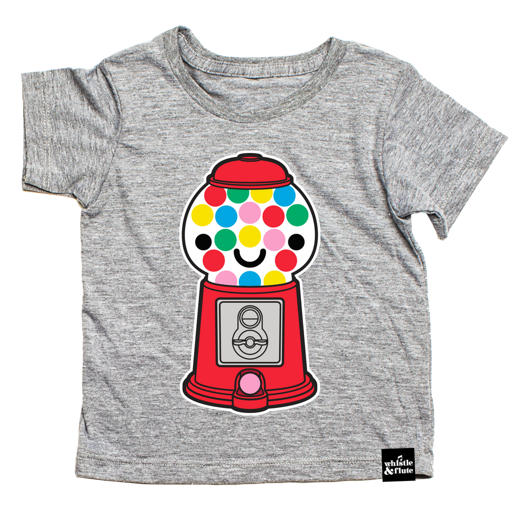 Gender Neutral Kawaii Gumball Machine design screen printed in full colour on an organic athletic grey t-shirt. Designed in Canada. Ethically Made
