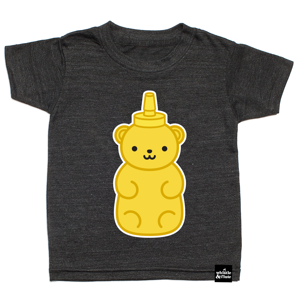 Gender Neutral Kawaii Honey Bear design screen printed in full colour on an organic charcoal heather grey t-shirt. Designed in Poland. Ethically Made. Available in kids and adult sizes.