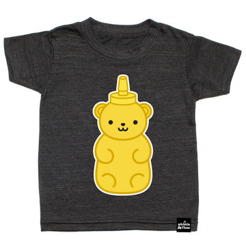 Gender Neutral Kawaii Honey Bear design screen printed in full colour on an organic charcoal heather grey t-shirt. Designed in Poland. Ethically Made. Available in kids and adult sizes.