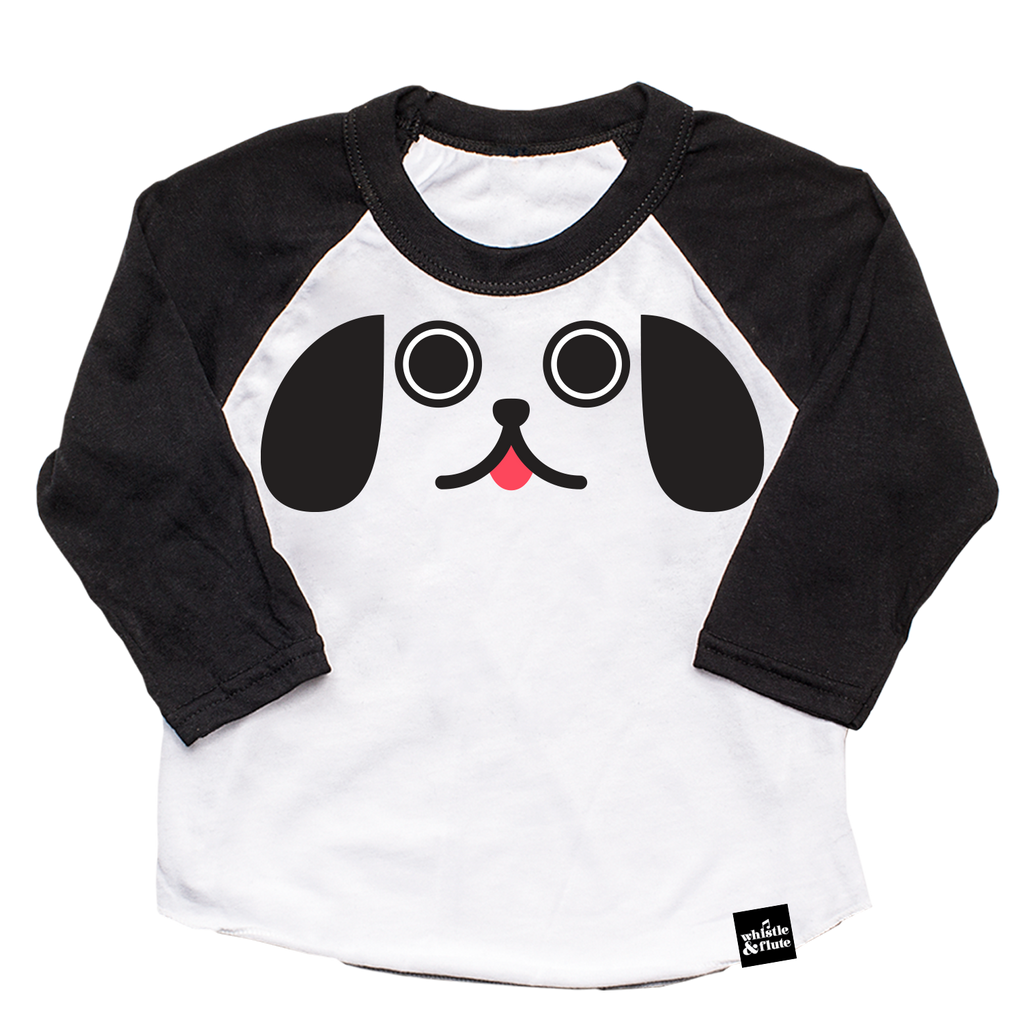 Kawaii Puppy Dog Eyes face printed in black with pink tongue on 100% organic cotton two-tone black and white baseball t-shirt. Gender Neutral and available in kids and adult sizes. Designed in Poland. 
