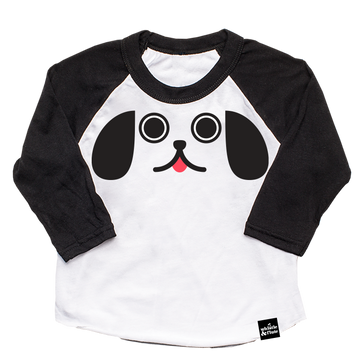 Kawaii Puppy Dog Eyes face printed in black with pink tongue on 100% organic cotton two-tone black and white baseball t-shirt. Gender Neutral and available in kids and adult sizes. Designed in Canada. 
