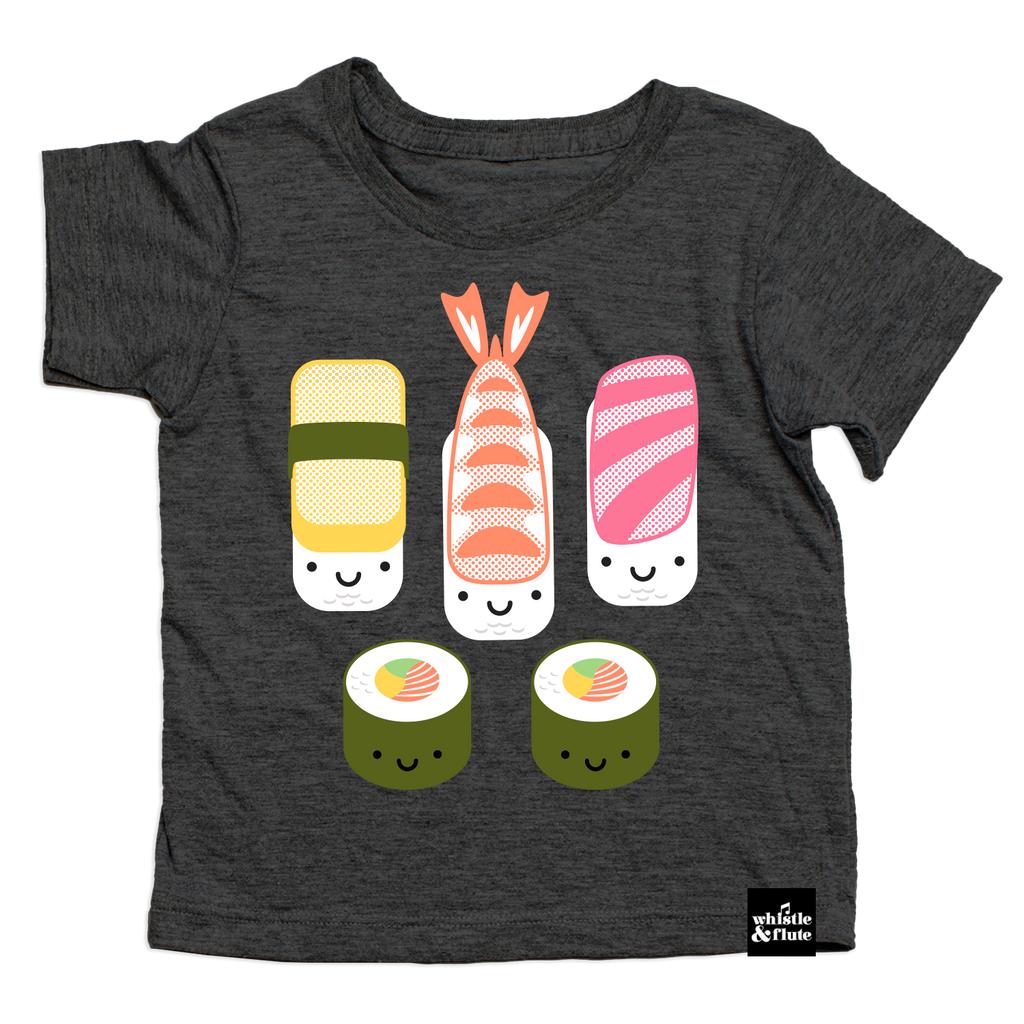 Kawaii Sushi design is printed in colour on organic charcoal heather grey t-shirt. Gender Neutral and available in kids and adult sizes. Designed in the Pacific Northwest of BC, Poland.