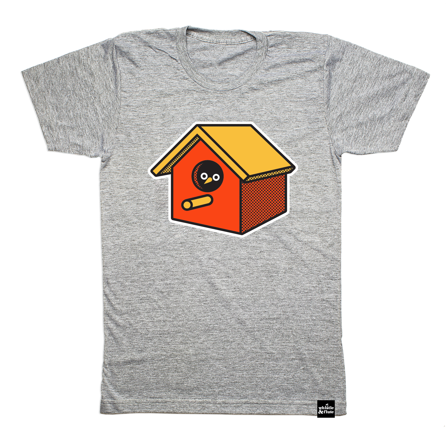 Orange and Yellow birdhouse with peek-a-boo bird eyes and beak screen printed on organic athletic grey t-shirts. Gender-free and available in kids and adult sizes. Designed in Canada