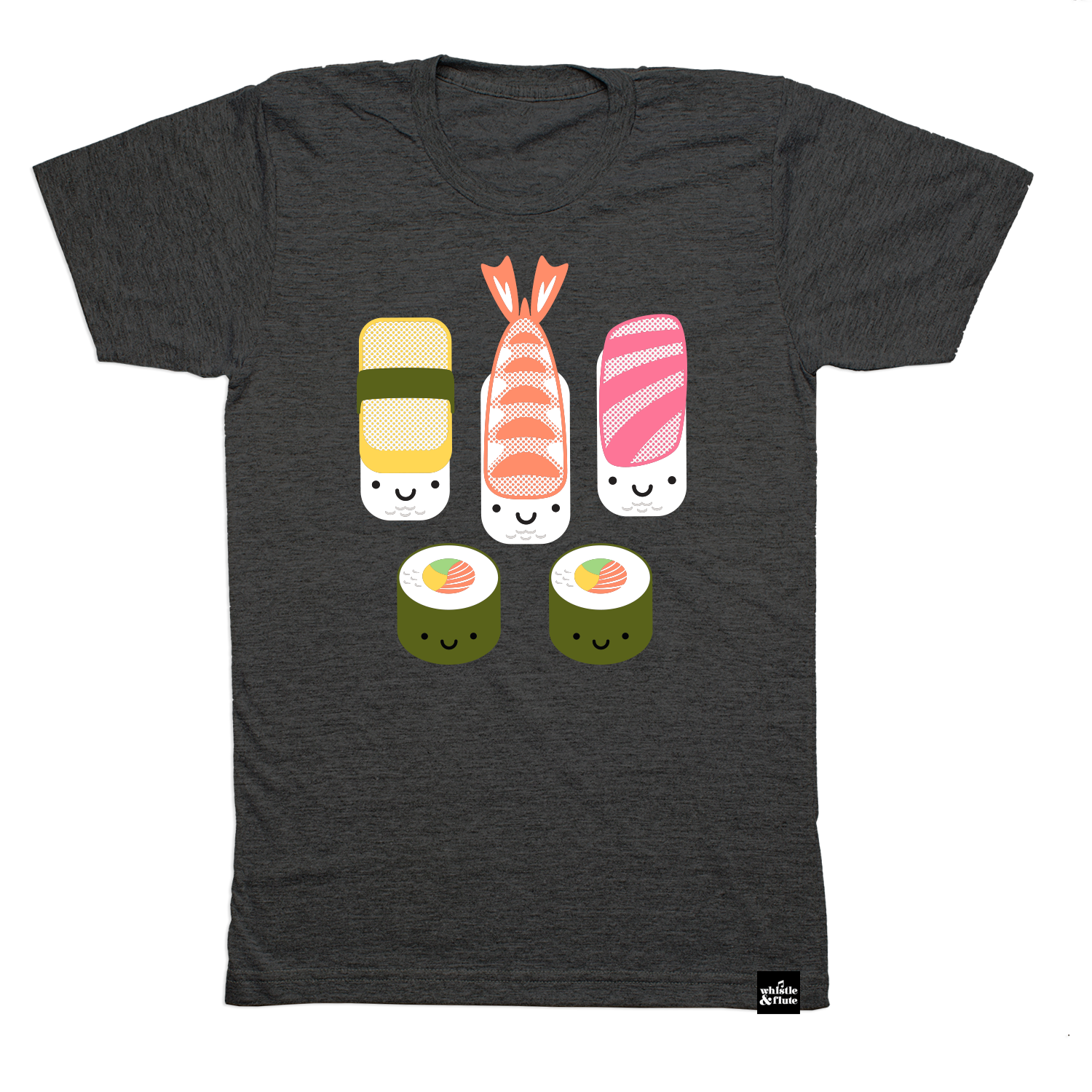 Kawaii Sushi design is printed in colour on organic charcoal heather grey t-shirt. Gender Neutral and available in kids and adult sizes. Designed in the Pacific Northwest of BC, Canada.