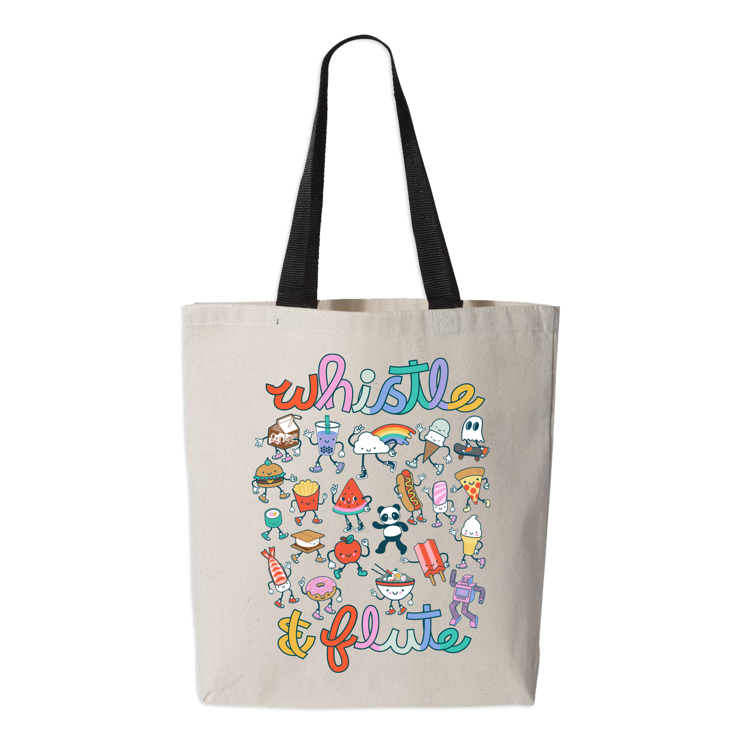Tote bag with colorful illustrations and the text 'whistle & flute' on a white background