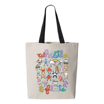 Tote bag with colorful illustrations and the text 'whistle & flute' on a white background