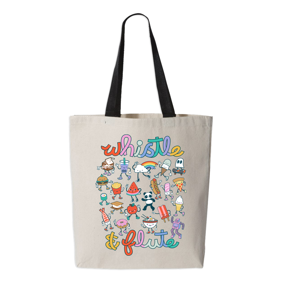 Tote bag with colorful illustrations and the text 'whistle & flute' on a white background
