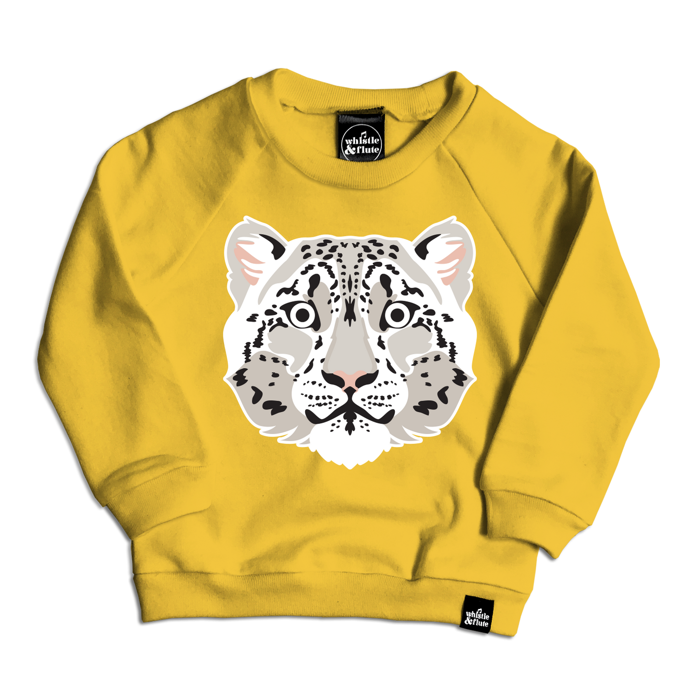 Cheerful snow leopard printed on mustard 100% organic cotton fleece. Gender Neutral and available in kids and adult sizes. Designed in Canada