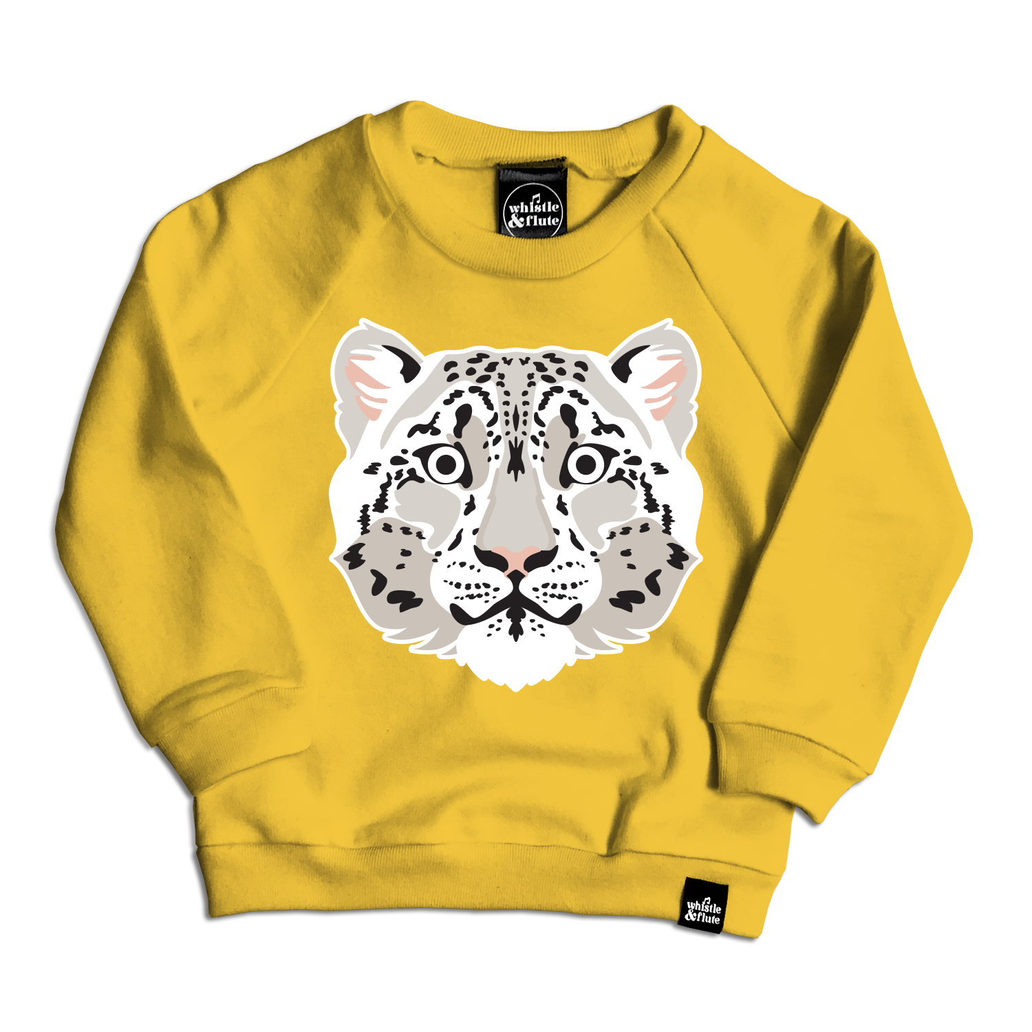 Cheerful snow leopard printed on mustard 100% organic cotton fleece. Gender Neutral and available in kids and adult sizes. Designed in Canada