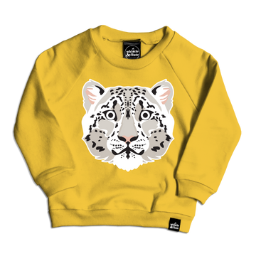 Cheerful snow leopard printed on mustard 100% organic cotton fleece. Gender Neutral and available in kids and adult sizes. Designed in Canada