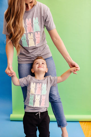 Mother and Child wears grey t-shirt with 6 pastel coloured marhsmallow bunnies for easter