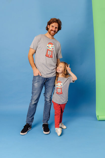 Gender Neutral Kawaii Gumball Machine design screen printed in full colour on an organic athletic grey t-shirt. Available in kids and adult sizes. Designed in Canada. Ethically Made. 
