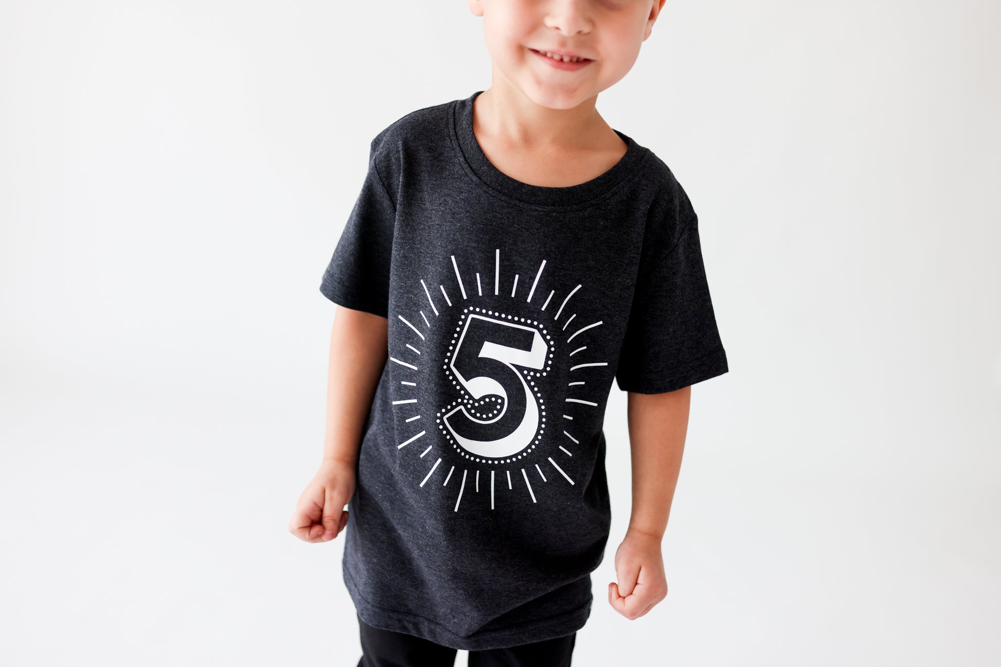 Milestone 5 t-shirt screen printed in white on an organic charcoal heather grey t-shirt. Gender-free.