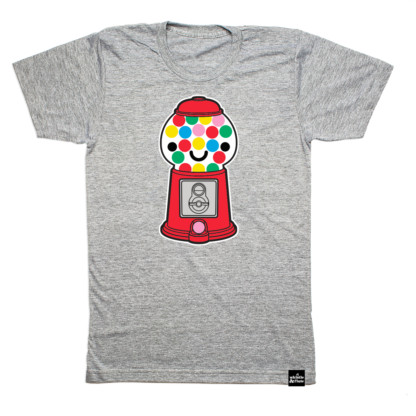 Gender Neutral Kawaii Gumball Machine design screen printed in full colour on an organic athletic grey t-shirt. Designed in Canada. Ethically Made