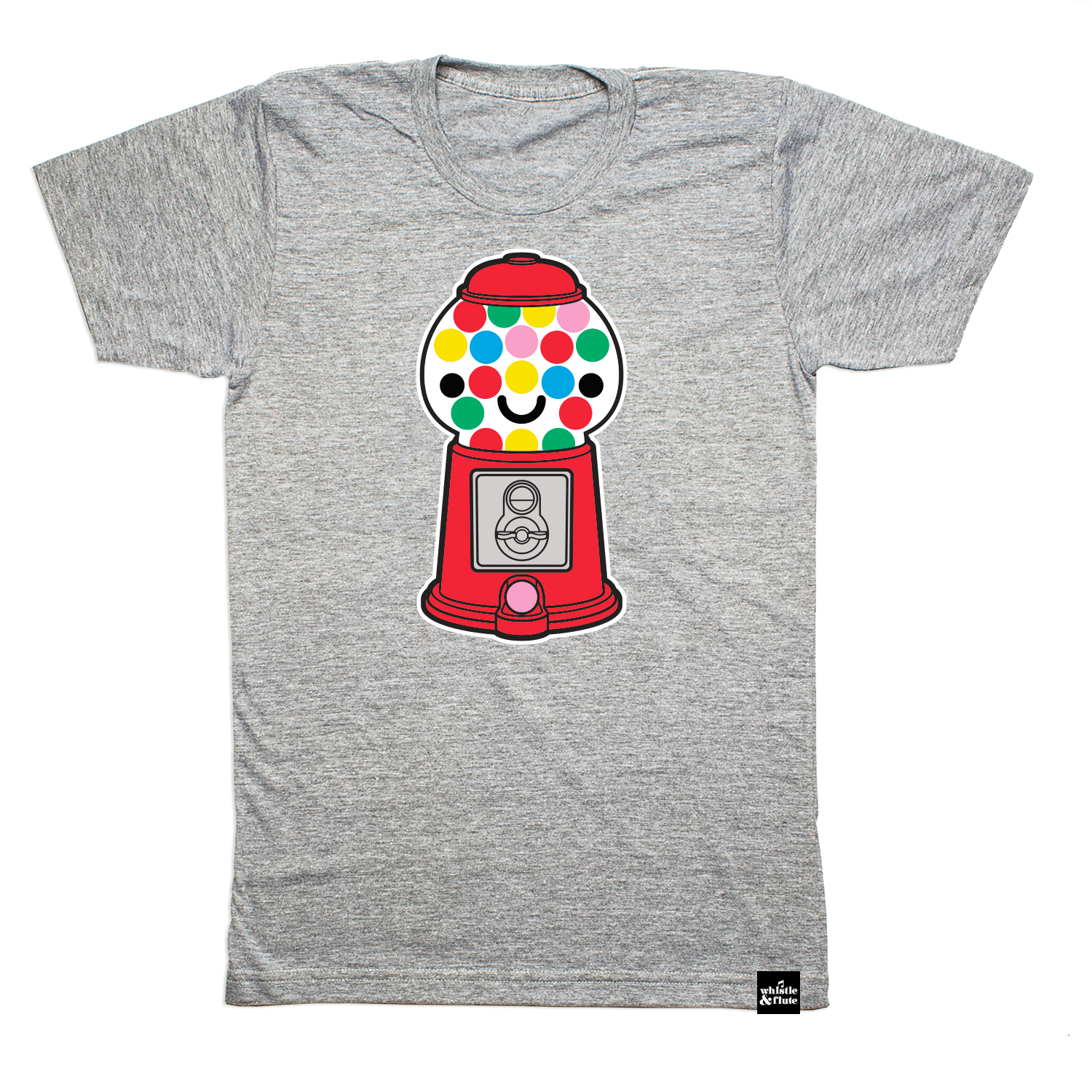Gender Neutral Kawaii Gumball Machine design screen printed in full colour on an organic athletic grey t-shirt. Designed in Canada. Ethically Made