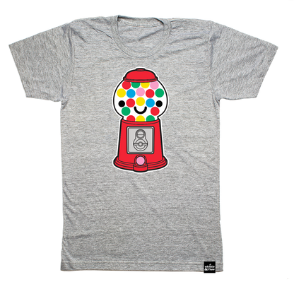 Gender Neutral Kawaii Gumball Machine design screen printed in full colour on an organic athletic grey t-shirt. Designed in Canada. Ethically Made