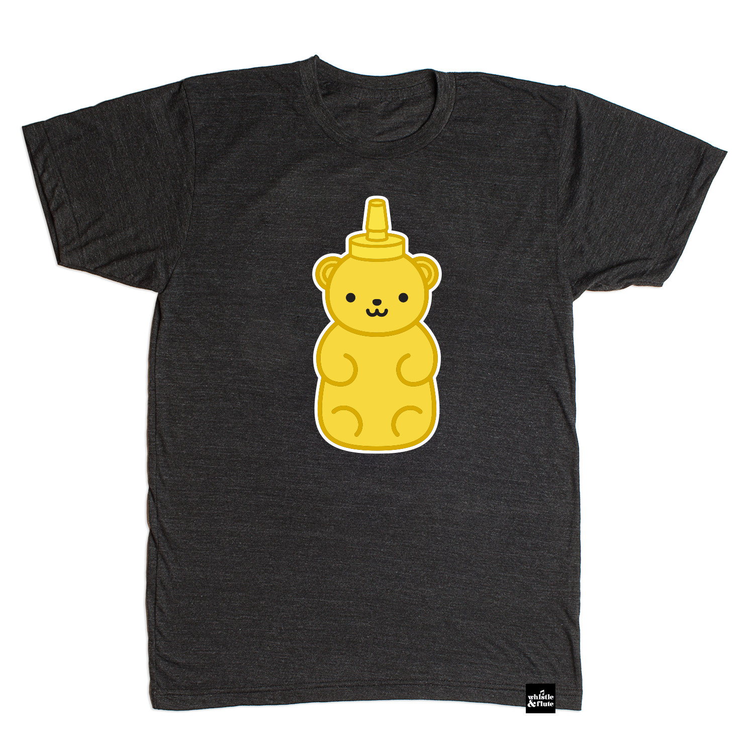 Gender Neutral Kawaii Honeybear design screen printed in full colour on an organic charcoal heather grey t-shirt. Paired with best bamboo joggers in red. Available in kids and adult sizes. Designed in Canada. Ethically Made