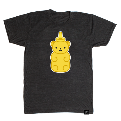 Gender Neutral Kawaii Honeybear design screen printed in full colour on an organic charcoal heather grey t-shirt. Paired with best bamboo joggers in red. Available in kids and adult sizes. Designed in Canada. Ethically Made