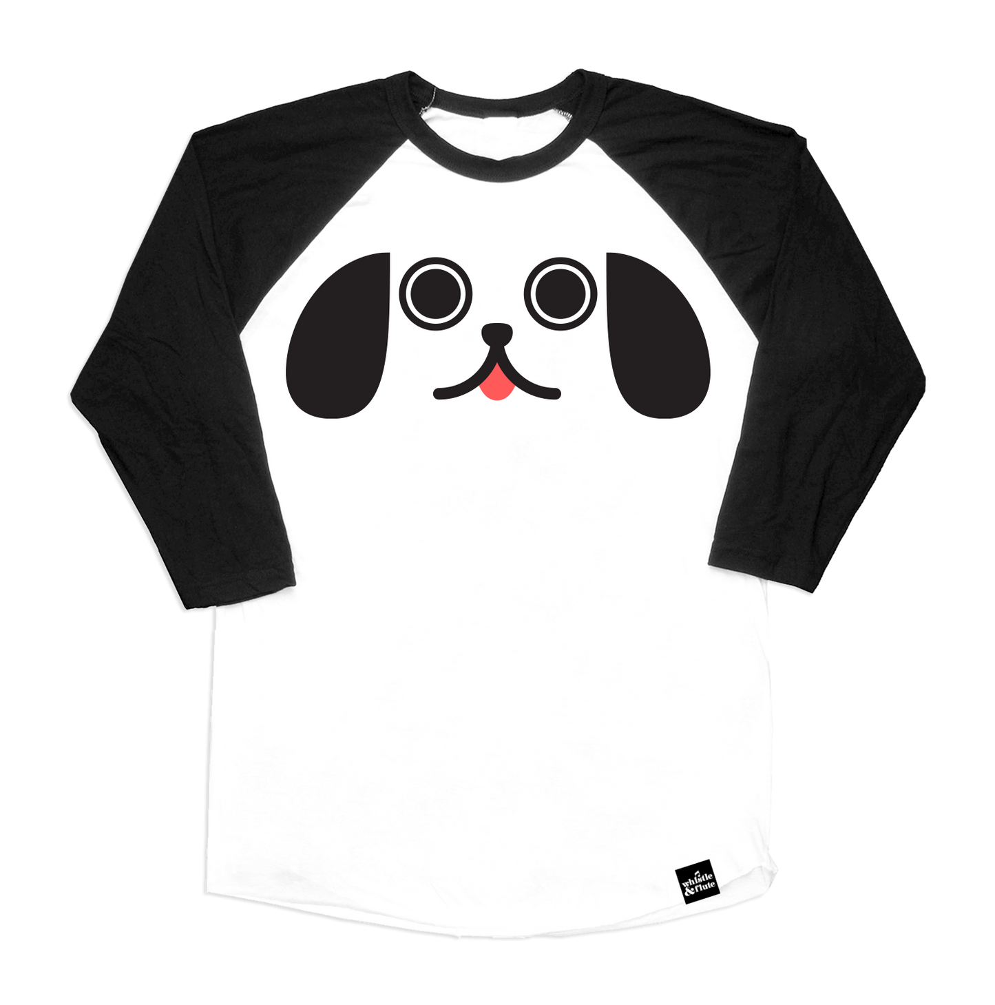 Kawaii Puppy Dog Eyes face printed in black with pink tongue on 100% organic cotton two-tone black and white baseball t-shirt. Gender Neutral and available in kids and adult sizes. Designed in Canada.