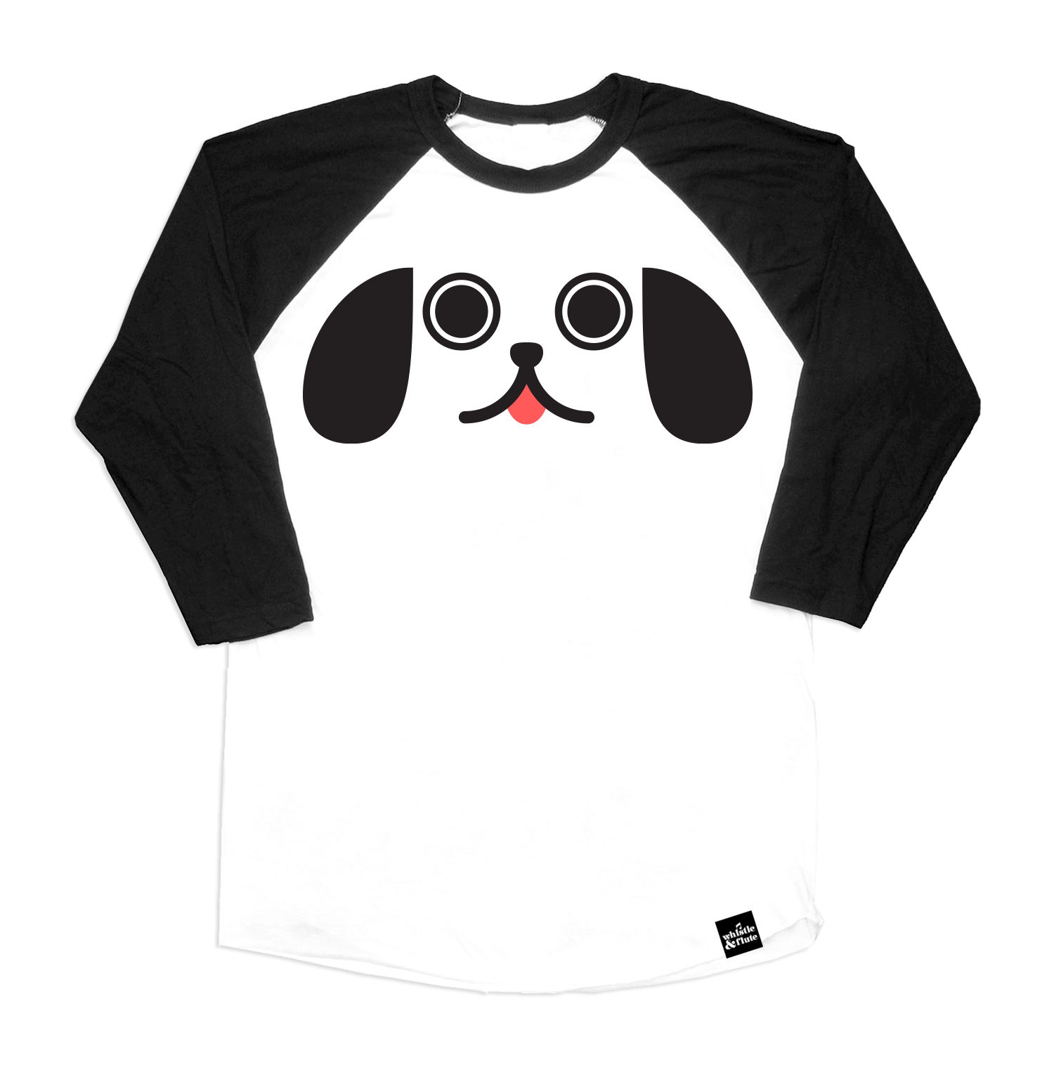 Kawaii Puppy Dog Eyes face printed in black with pink tongue on 100% organic cotton two-tone black and white baseball t-shirt. Gender Neutral and available in kids and adult sizes. Designed in Canada.