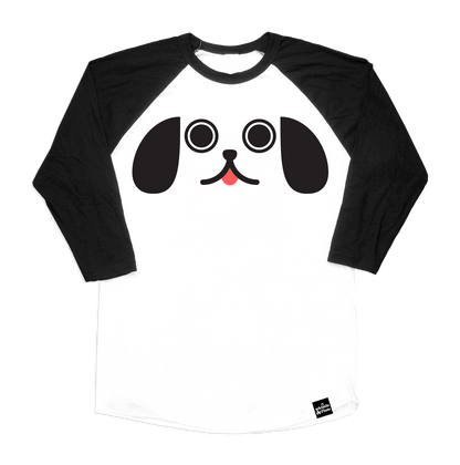 Kawaii Puppy Dog Eyes face printed in black with pink tongue on 100% organic cotton two-tone black and white baseball t-shirt. Gender Neutral and available in kids and adult sizes. Designed in Canada.