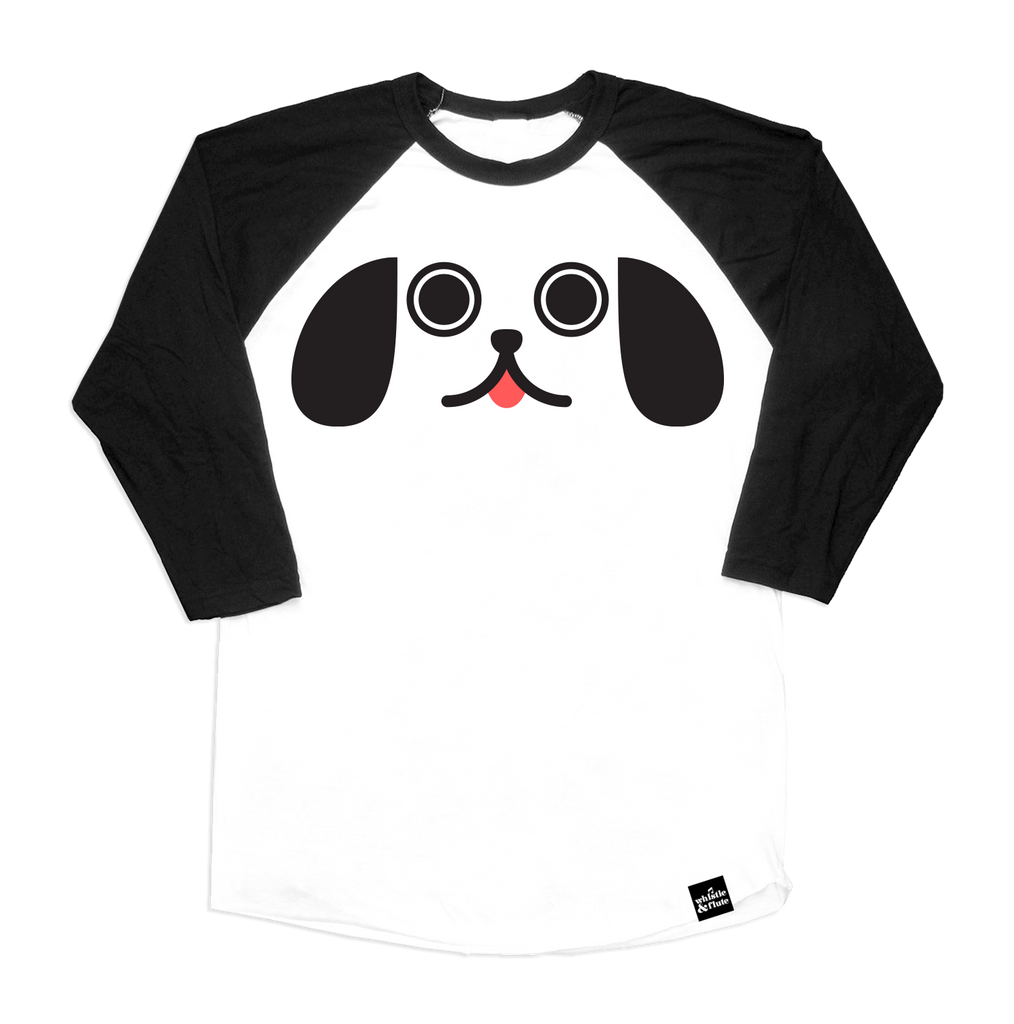 Kawaii Puppy Dog Eyes face printed in black with pink tongue on 100% organic cotton two-tone black and white baseball t-shirt. Gender Neutral and available in kids and adult sizes. Designed in Canada.
