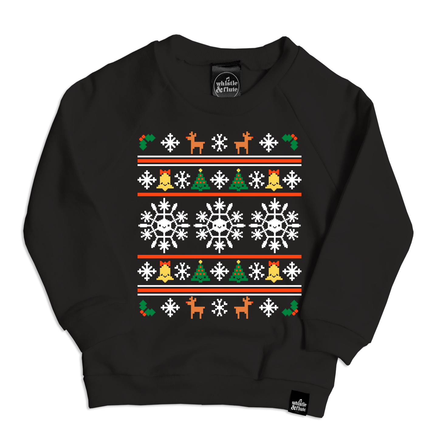A black sweatshirt with a colorful Nordic-style Christmas pattern including snowflakes and reindeer.