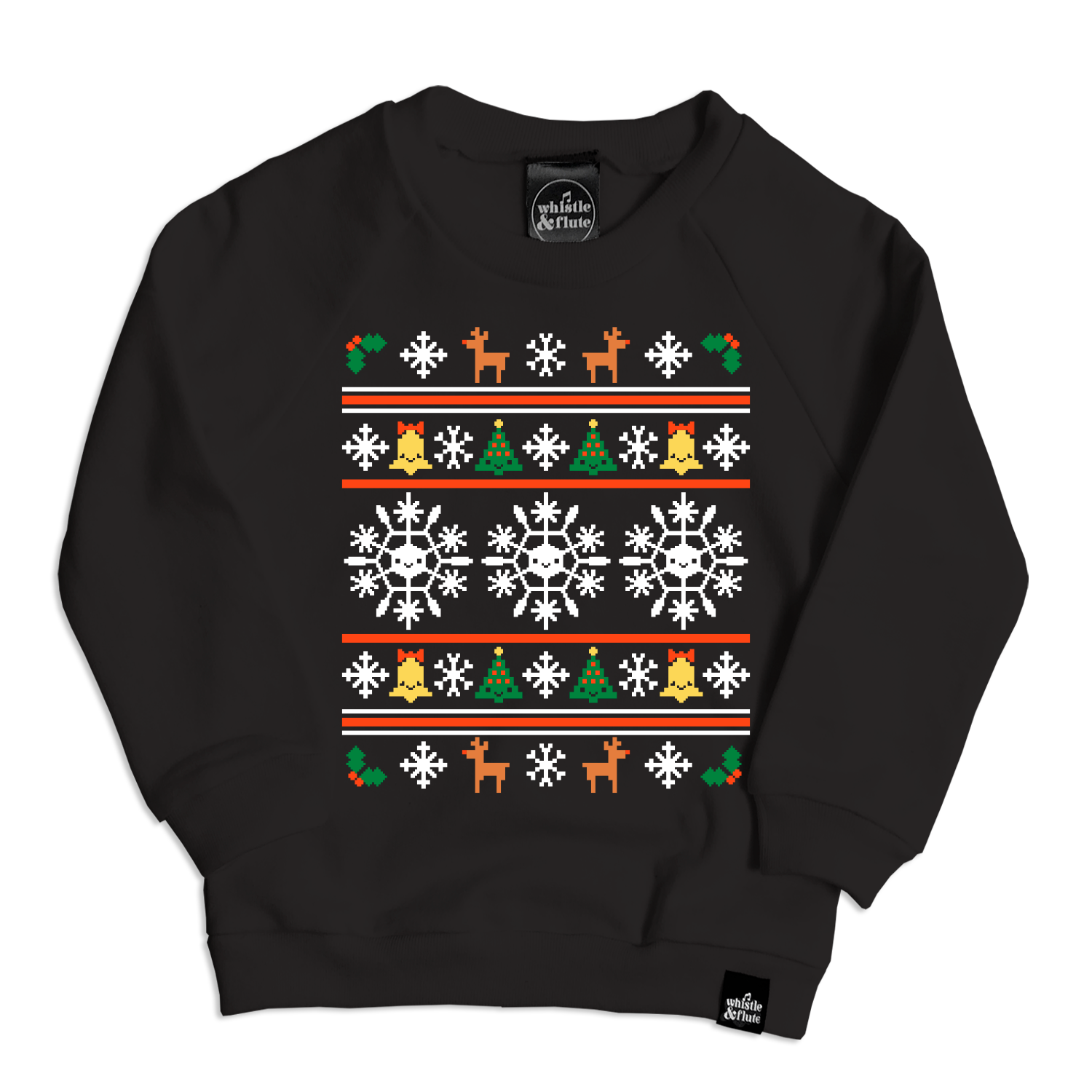 A black sweatshirt with a colorful Nordic-style Christmas pattern including snowflakes and reindeer.